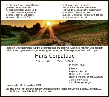 Traueranzeige von Hans Corpataux von HNA