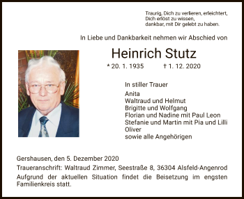 Traueranzeige von Heinrich Stutz von HZ