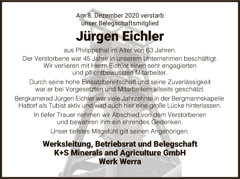  Traueranzeige für Jürgen Eichler vom 18.12.2020 aus HZ