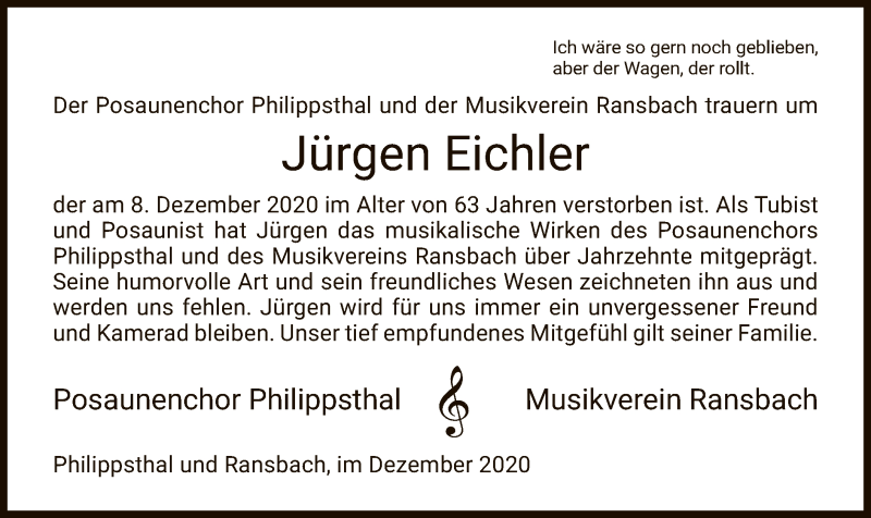  Traueranzeige für Jürgen Eichler vom 18.12.2020 aus HZ