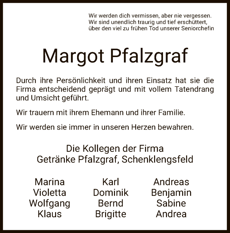  Traueranzeige für Margot Pfalzgraf vom 22.12.2020 aus HZ