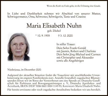 Traueranzeige von Maria Elisabeth Nuhn von HZ