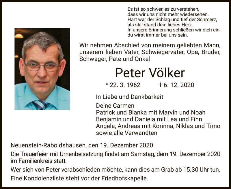  Traueranzeige für Peter Völker vom 19.12.2020 aus HZ