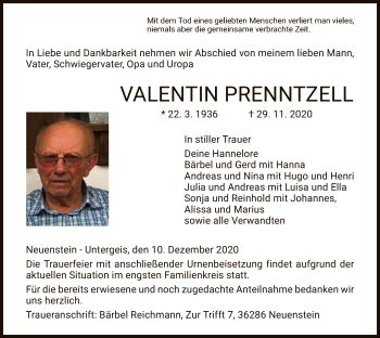 Traueranzeige von Valentin Prenntzell von HZ