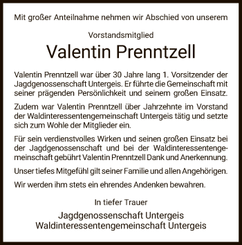 Traueranzeige von Valentin Prenntzell von HZ