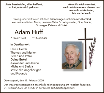 Traueranzeige von Adam Huff von Hersfeld