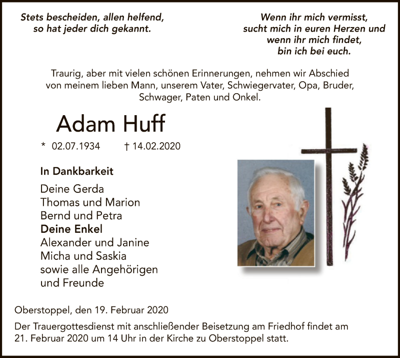  Traueranzeige für Adam Huff vom 19.02.2020 aus Hersfeld