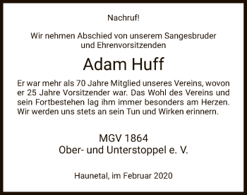 Traueranzeige von Adam Huff von Hersfeld