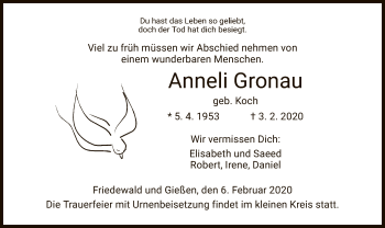 Traueranzeige von Anneli Gronau von Hersfeld