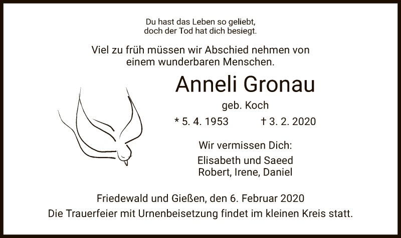 Traueranzeige für Anneli Gronau vom 06.02.2020 aus Hersfeld