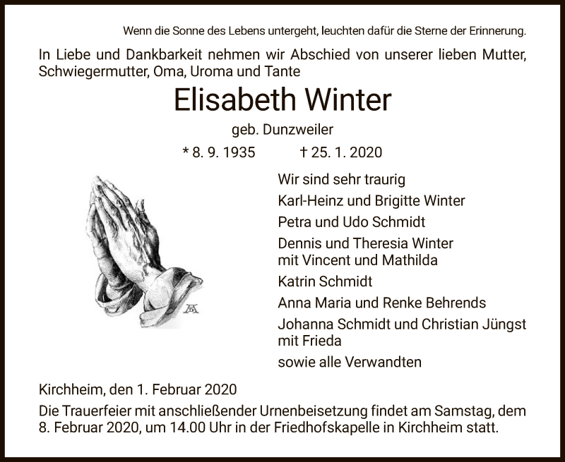  Traueranzeige für Elisabeth Winter vom 01.02.2020 aus Hersfeld