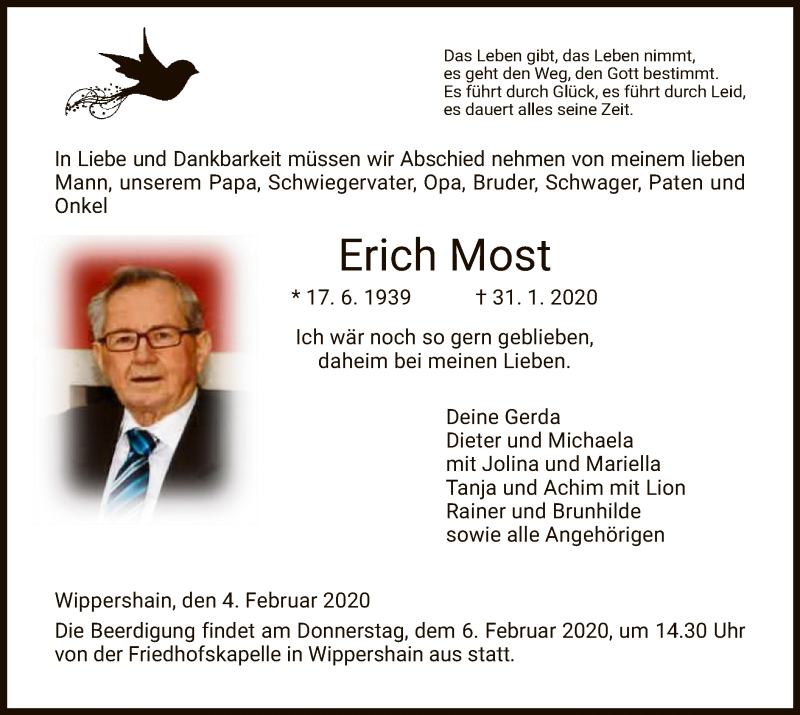  Traueranzeige für Erich Most vom 04.02.2020 aus Hersfeld
