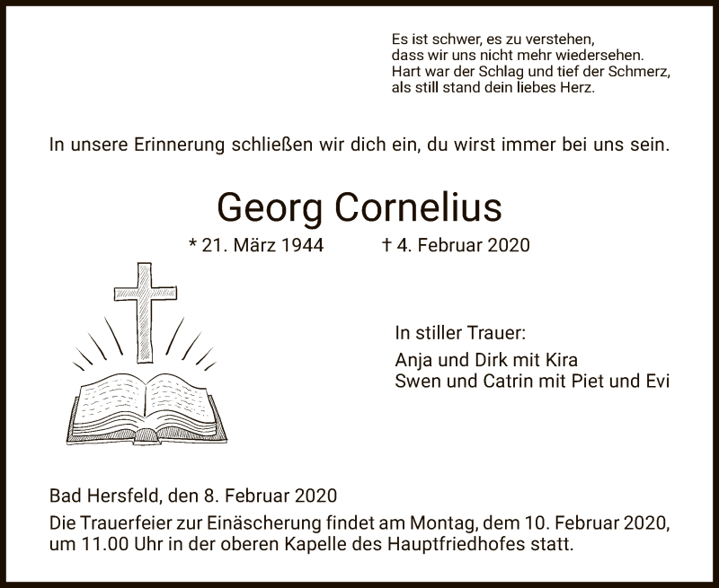  Traueranzeige für Georg Cornelius vom 08.02.2020 aus Hersfeld