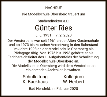 Traueranzeige von Günter Ries von Hersfeld