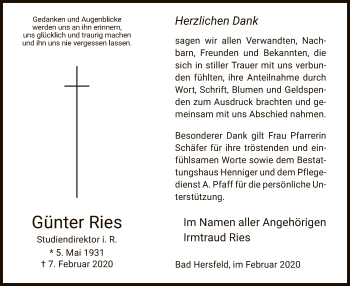 Traueranzeige von Günter Ries von Hersfeld