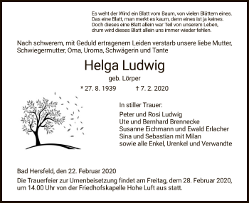 Traueranzeige von Helga Ludwig von Hersfeld