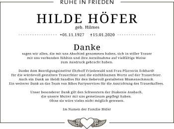 Traueranzeige von Hilde Höfer von Hersfeld