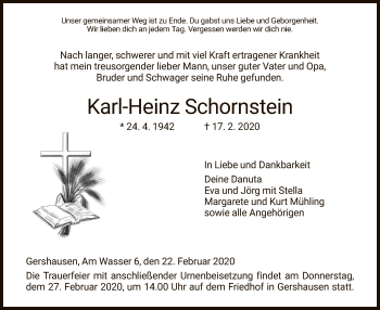 Traueranzeige von Karl-Heinz Schornstein von Hersfeld