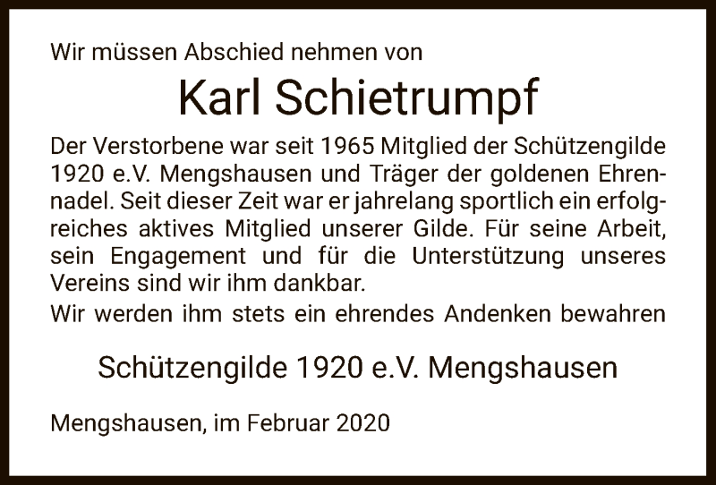  Traueranzeige für Karl Schietrumpf vom 19.02.2020 aus Hersfeld