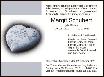 Traueranzeige von Margit Schubert von Hersfeld