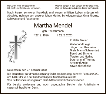 Traueranzeige von Martha Mendel von Hersfeld