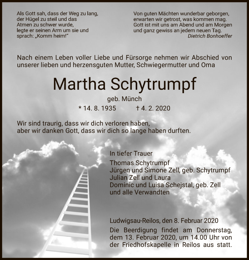  Traueranzeige für Martha Schytrumpf vom 08.02.2020 aus Hersfeld
