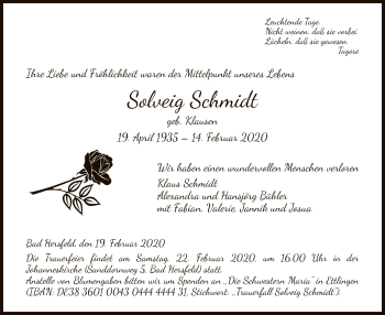 Traueranzeige von Solveig Schmidt von Hersfeld