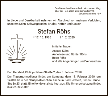 Traueranzeige von Stefan Röhs von Hersfeld
