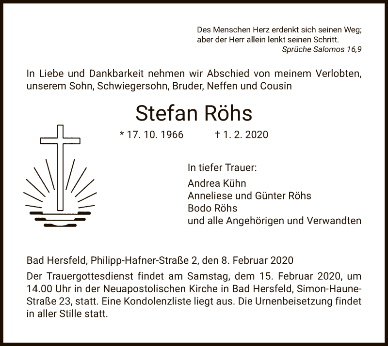  Traueranzeige für Stefan Röhs vom 08.02.2020 aus Hersfeld