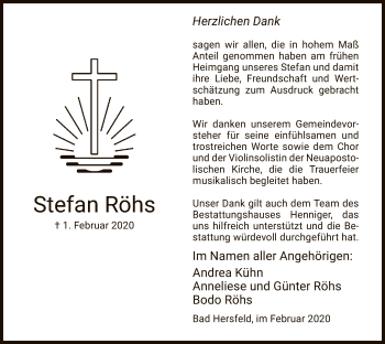 Traueranzeige von Stefan Röhs von Hersfeld