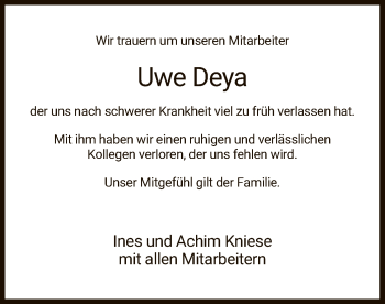 Traueranzeige von Uwe Deya von Hersfeld