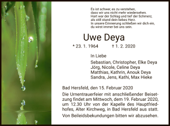 Traueranzeige von Uwe Deya von Hersfeld