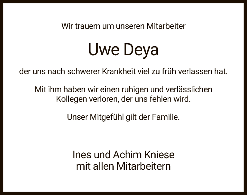  Traueranzeige für Uwe Deya vom 15.02.2020 aus Hersfeld