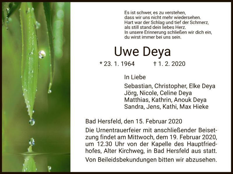  Traueranzeige für Uwe Deya vom 15.02.2020 aus Hersfeld