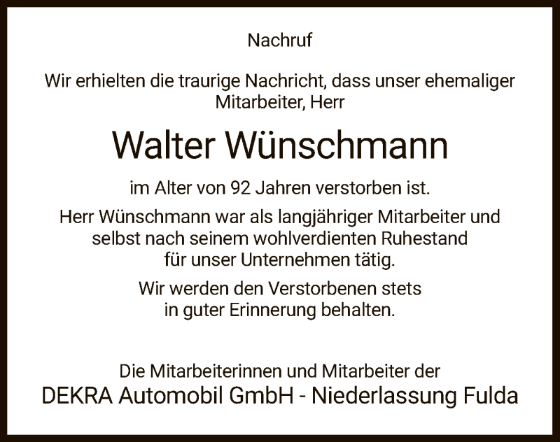  Traueranzeige für Walter Wünschmann vom 22.02.2020 aus Hersfeld