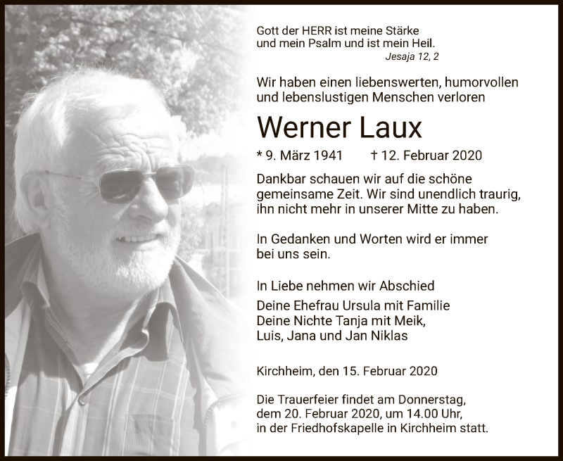  Traueranzeige für Werner Laux vom 15.02.2020 aus Hersfeld