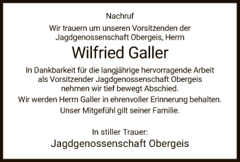 Traueranzeige von Wilfried Galler von Hersfeld