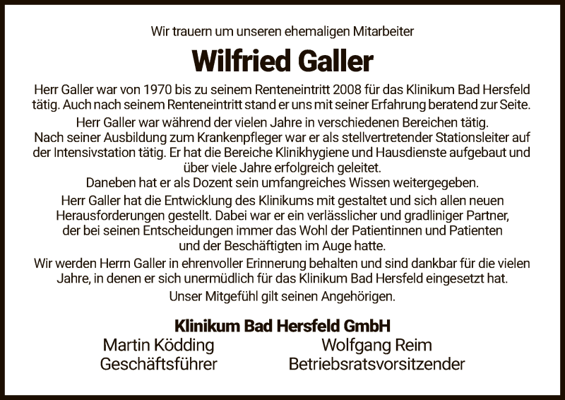  Traueranzeige für Wilfried Galler vom 06.02.2020 aus Hersfeld