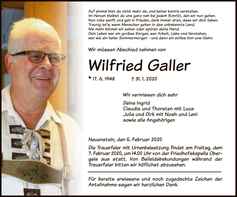  Traueranzeige für Wilfried Galler vom 05.02.2020 aus Hersfeld