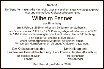 Traueranzeige von Wilhelm Fenner von Hersfeld