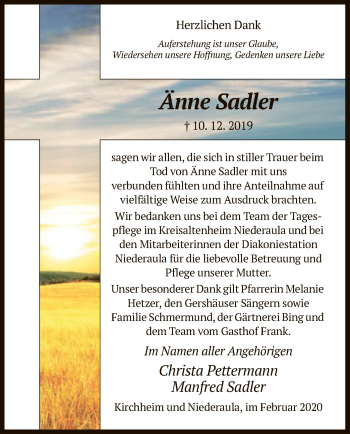 Traueranzeige von Änne Sadler von Hersfeld