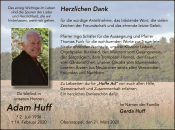 Traueranzeige von Adam Huff von Hersfeld