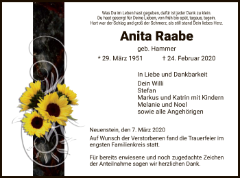 Traueranzeige von Anita Raabe von Hersfeld