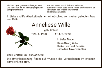 Traueranzeige von Anneliese Wille von Hersfeld