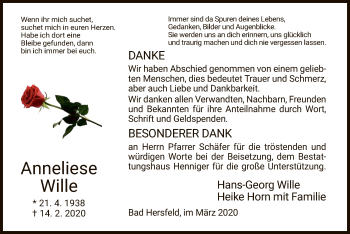 Traueranzeige von Anneliese Wille von Hersfeld
