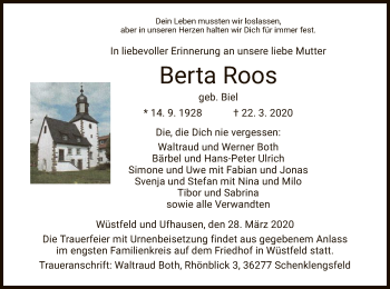 Traueranzeige von Berta Roos von Hersfeld