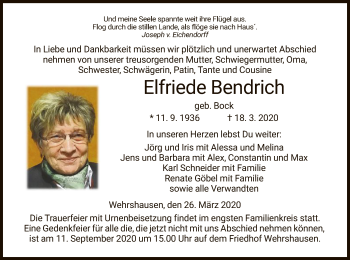 Traueranzeige von Elfriede Bendrich von Hersfeld