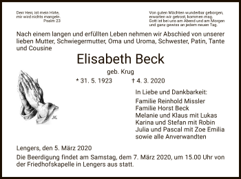 Traueranzeige von Elisabeth Beck von Hersfeld