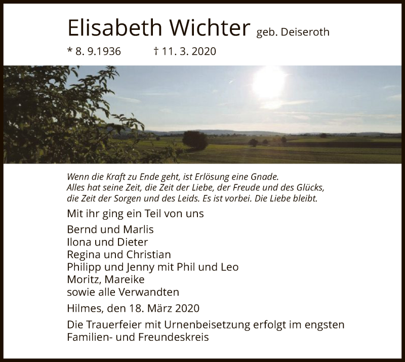  Traueranzeige für Elisabeth Wichter vom 18.03.2020 aus Hersfeld