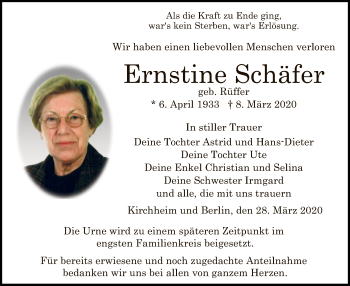 Traueranzeige von Ernestine Schäfer von Hersfeld